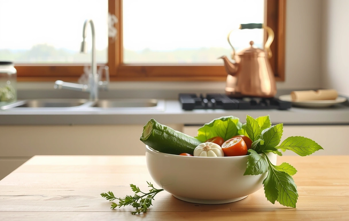 Przytulna kuchnia z świeżymi warzywami i miedzianym czajnikiem