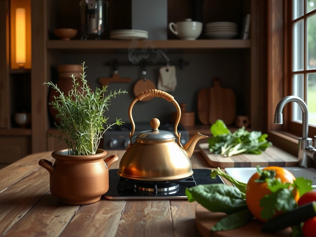 Ciepła, naturalna kuchnia z ziołami i warzywami na blacie